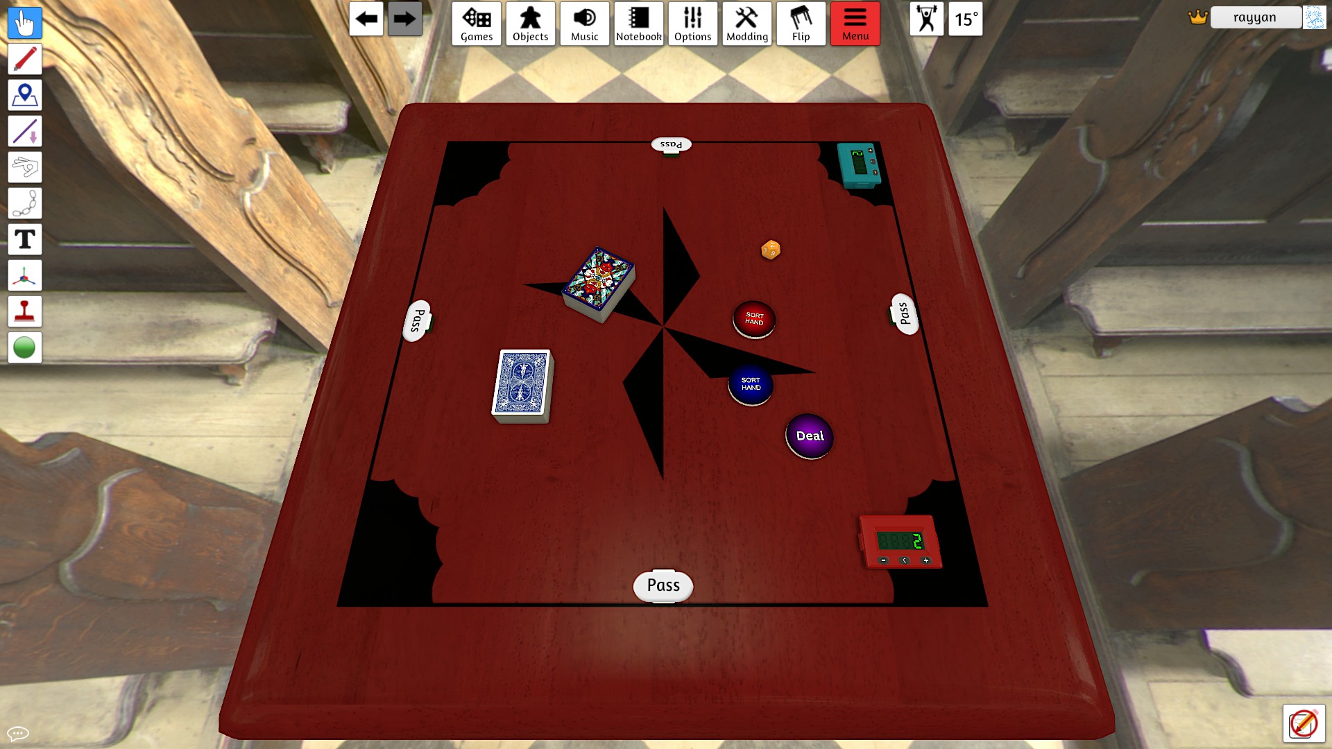 Guandan in Tabletop Simulator, showing the card decks, player positions, and scripted Deal and Sort Hand buttons on a red table.