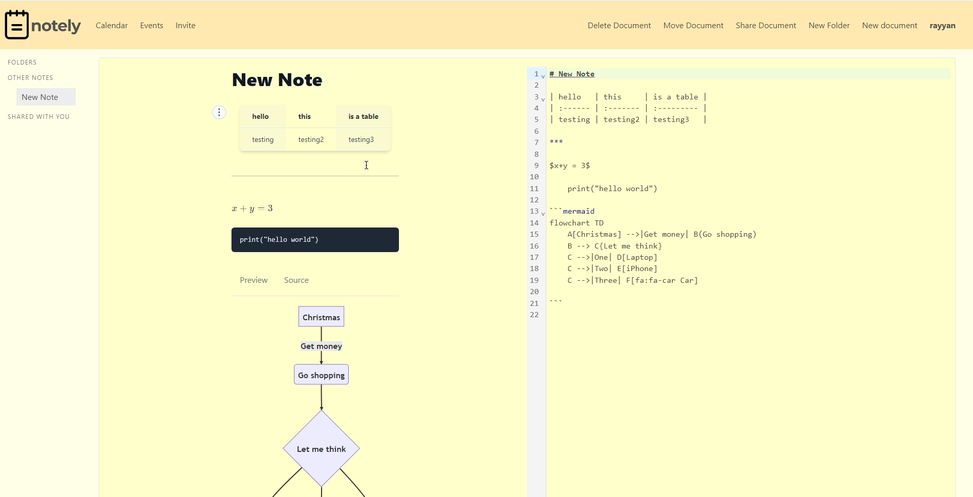 Notely's split-view Markdown editor showing source text beside rendered tables, maths, a code block, and a flowchart.